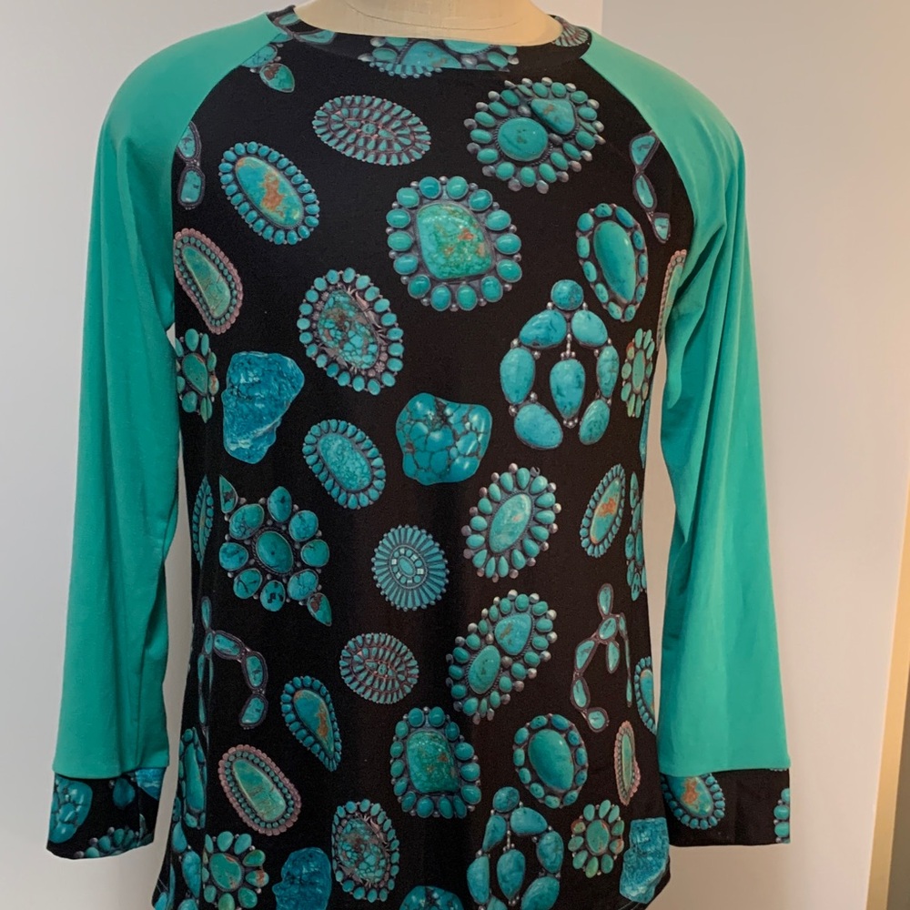 Crazy Train Teal and Black Gemstone Long Sleeve Top